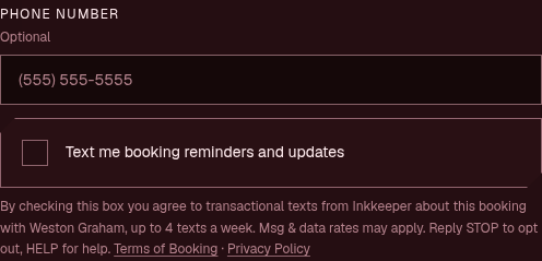 The same opt-in checkbox and disclosure on Weston Graham's public request form at desktop width.