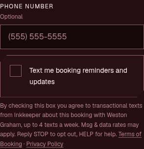 Weston Graham's public request form on a phone: the phone field with the unchecked checkbox 'Text me booking reminders and updates' and the disclosure text beneath it.